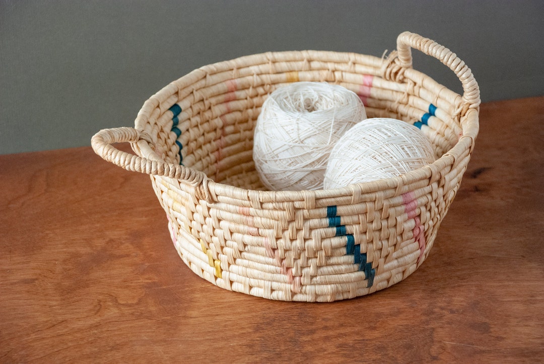 Round Coil Raffia Basket With Handles / Yellow Pink and Blue Diagonal