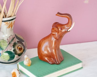 Seated Faux Bois Elephant Figurine with Jewel Eyes