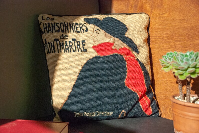 Les Chansonniers de Montmartre by Toulouse Lautrec Needlepoint Throw Pillow with Black Velvet Back Art Nouveau French Poster Art Handmade