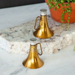 Brass Horn Salt And Pepper Shaker Set / Bugle / Megaphone / Holiday Table / Dining and Serving / Collectible / Sustainable Home image 3