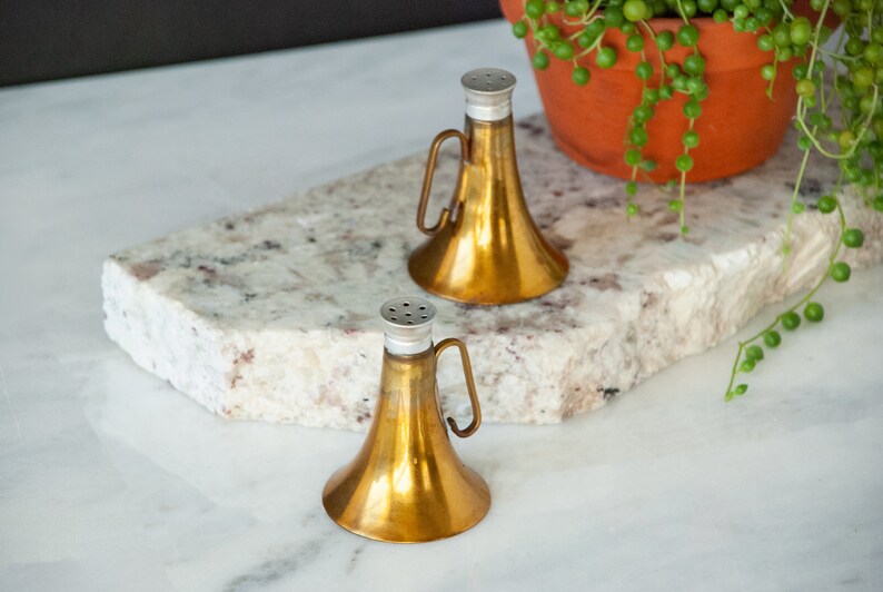 Brass Horn Salt And Pepper Shaker Set / Bugle / Megaphone / Holiday Table / Dining and Serving / Collectible / Sustainable Home image 3