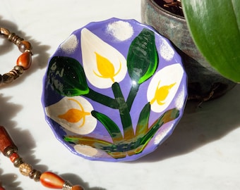 Calla Lily Hand Painted Red Ware Bowl w/ Feet / Vibrant Ceramic / Mexico