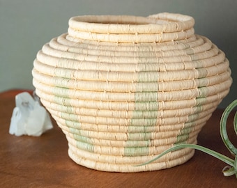 Sturdy Mint Striped Coil Basket / Natural and Seafoam Green Snake Charmer Shape Vessel / Hemp-Like Chord Bound / Boho Decor / Vintage 1980s