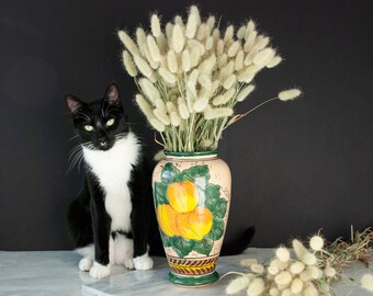 Large Hand Painted Apricots Motif Ceramic Vase / Italian Folk Art Handicraft Tradition / Glazed Terra Cotta / Vintage