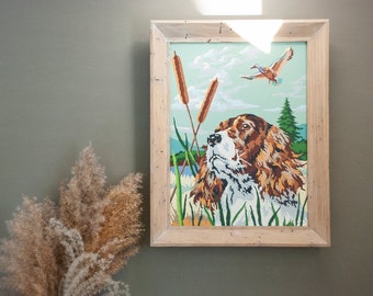 Framed Vintage Paint By Number of Hunting Dog / Springer Spaniel / Bird Dog / Field Hunt / Retriever/ Pet Portrait / Kitsch Cabin Decor
