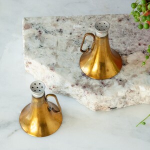 Brass Horn Salt And Pepper Shaker Set / Bugle / Megaphone / Holiday Table / Dining and Serving / Collectible / Sustainable Home image 2