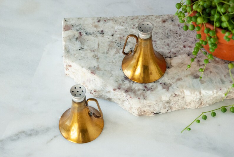 Brass Horn Salt And Pepper Shaker Set / Bugle / Megaphone / Holiday Table / Dining and Serving / Collectible / Sustainable Home image 2