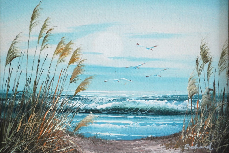 Seascape Painting with Dunes Beach Grass Gulls and Curling Etsy