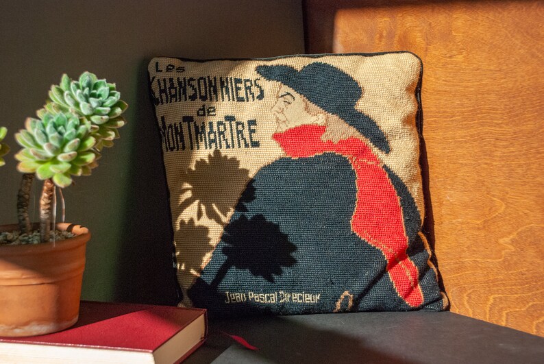 Les Chansonniers de Montmartre by Toulouse Lautrec Needlepoint Throw Pillow with Black Velvet Back Art Nouveau French Poster Art Handmade