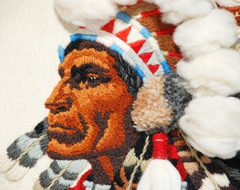 Large Framed Crewel Portrait of Indigenous Man in Headdress / Native American Sunset Stitchery Image / Needlework, Embroidery, Latchhook
