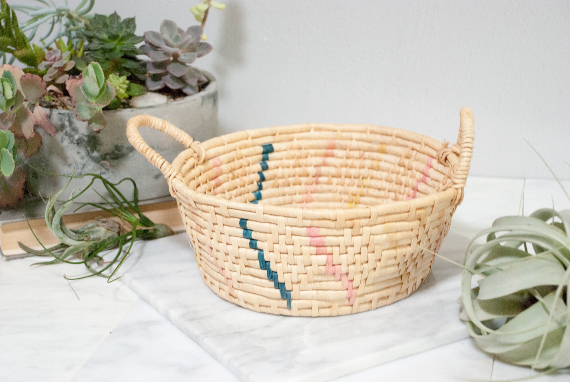 Round Coil Raffia Basket with Handles and Yellow Pink and Blue Etsy