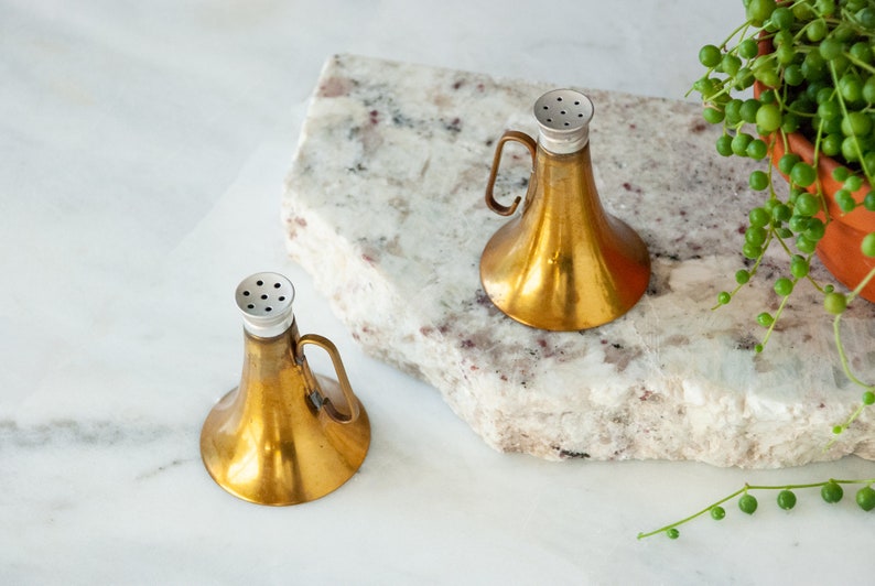 Brass Horn Salt And Pepper Shaker Set / Bugle / Megaphone / Holiday Table / Dining and Serving / Collectible / Sustainable Home image 4