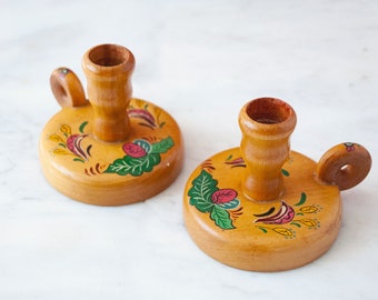 Pair of Rosemål Wooden Candlesticks with Handles / Scandinavian Folk Art / Hand Painted Handicraft / Turned Wood Taper Candle Holders
