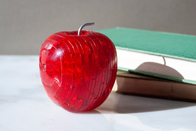 Apple 3-D Puzzle / Red Lucite Acrylic with Metal Stem / Vintage image 1