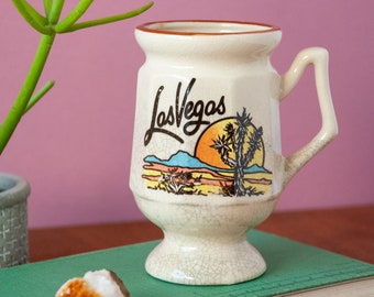 Collectible Vintage Las Vegas Colorful Neveda Desert Scene Rare Ceramic Pedestal Mug / Joshua Tree Coffee Cup / Crackle Glaze / 1970s