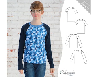 May include: A blue and white geometric print long-sleeve shirt with navy blue raglan sleeves. The shirt has a crew neck and is shown on a model. The image also shows a line drawing of the shirt in different styles, including short-sleeve and long-sleeve options. The text "New Sizes!" is in the upper right corner of the image.