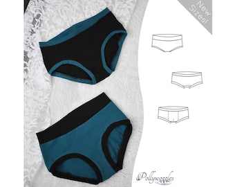 May include: Two pairs of underwear, one teal and one black, with black trim. The underwear is shown on a white lace background. The image also shows line drawings of the underwear in three sizes.
