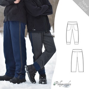 May include: Two pairs of sweatpants with contrasting side panels. The sweatpants are shown in a line drawing style. The text "New Sizes!" is in the upper right corner of the image.