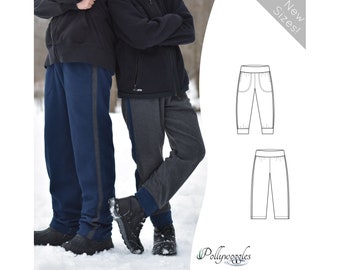 May include: Two pairs of sweatpants with contrasting side panels. The sweatpants are shown in a line drawing style. The text "New Sizes!" is in the upper right corner of the image.