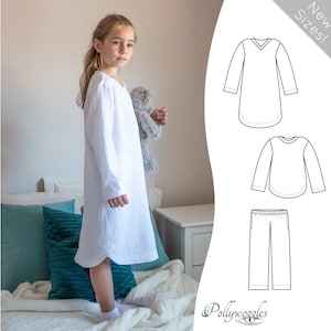 May include: A white long-sleeved nightgown with a V-neckline and a curved hemline. The nightgown is shown on a model standing on a bed. A line drawing of the nightgown, a matching top, and pants are shown on the right side of the image. The text "New Sizes!" is in a white box with a black border in the upper right corner of the image. The text "Pollywoggles" is in green text with a green leaf design in the lower right corner of the image.