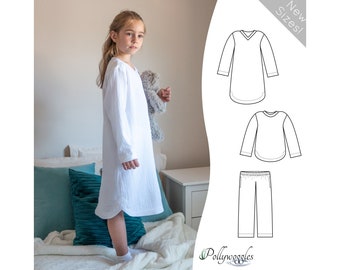 May include: A white long-sleeved nightgown with a V-neckline and a curved hemline. The nightgown is shown on a model standing on a bed. A line drawing of the nightgown, a matching top, and pants are shown on the right side of the image. The text "New Sizes!" is in a white box with a black border in the upper right corner of the image. The text "Pollywoggles" is in green text with a green leaf design in the lower right corner of the image.