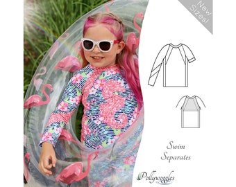 May include: A girl wearing a pink and blue swimsuit with a seahorse design. The swimsuit is a long-sleeved rash guard. The girl is holding a pink flamingo pool float. The image also includes a line drawing of the swimsuit pattern. The text "Swim Separates" and "Pollywoggles" is visible in the image.