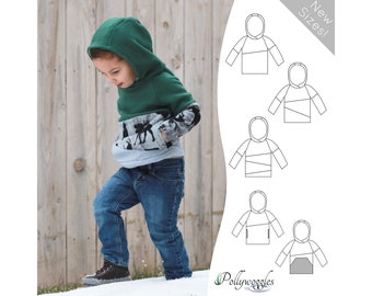 May include: A green and grey hooded sweatshirt with a graphic print of a forest scene. The sweatshirt has a kangaroo pocket and a hood with a drawstring. The image also shows a line drawing of the sweatshirt in different color variations.