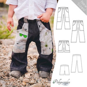 May include: A child wearing a pair of black and grey pants with a science-themed print. The pants have a large pocket on the left leg with a bow tie, glasses, and the symbol for pi. The image also shows a line drawing of five different styles of pants.