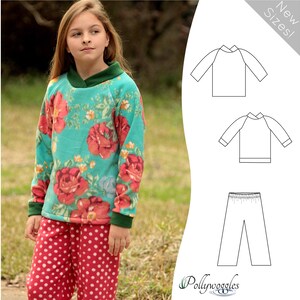 May include: A sewing pattern for a children's sweatshirt and pants. The pattern includes a floral print sweatshirt and polka dot pants. The pattern is available in new sizes. "New Sizes!" text is in the top right corner of the image. The text "Pollywoggles" is in the bottom right corner of the image.