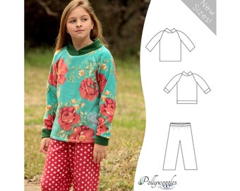 May include: A sewing pattern for a children's sweatshirt and pants. The pattern includes a floral print sweatshirt and polka dot pants. The pattern is available in new sizes. "New Sizes!" text is in the top right corner of the image. The text "Pollywoggles" is in the bottom right corner of the image.