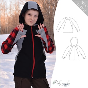 May include: A black, red, and gray hooded jacket with a zipper closure. The jacket has a plaid pattern on the sleeves and a gray hood. The jacket is shown on a model in a snowy setting. "New Sizes!" is written on a gray rectangle in the upper right corner of the image.