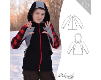 May include: A black, red, and gray hooded jacket with a zipper closure. The jacket has a plaid pattern on the sleeves and a gray hood. The jacket is shown on a model in a snowy setting. "New Sizes!" is written on a gray rectangle in the upper right corner of the image.