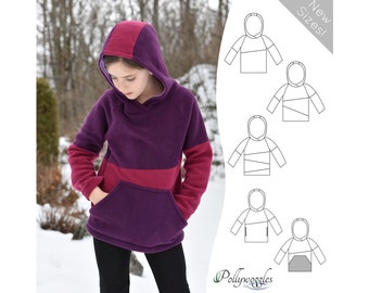 May include: A purple and pink fleece hoodie with a kangaroo pocket and a hood. The hoodie is shown on a child model in a snowy setting. The image also includes line drawings of the hoodie in different styles.