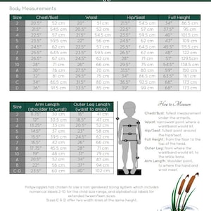 May include: Sizing guide chart for children's clothing with measurements in inches and centimeters. The chart includes sizes 2-10, A, B, C, and D. The chart shows measurements for chest/bust, waist, hip/seat, full height, arm length, and outer leg length.