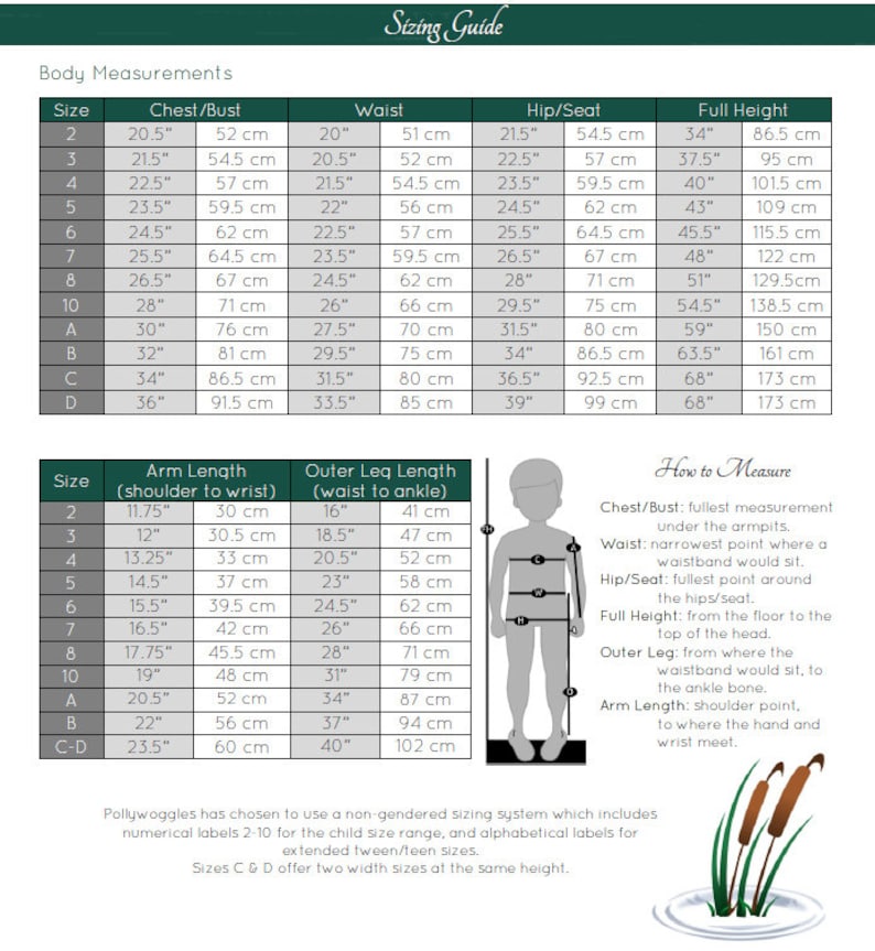 May include: Sizing guide chart for children's clothing with measurements in inches and centimeters. The chart includes sizes 2-10, A, B, C, and D. The chart shows measurements for chest/bust, waist, hip/seat, full height, arm length, and outer leg length.