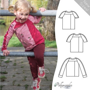 May include: A sewing pattern for a long-sleeved and short-sleeved shirt with raglan sleeves. The pattern includes a line drawing of the shirt in both styles. The text "New Sizes!" is in the upper right corner of the image. The text "Pollywoggles" is in the lower right corner of the image.