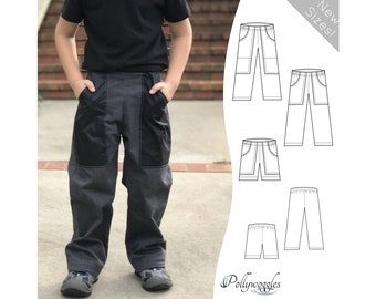May include: Line drawing pattern for pants with large pockets. The pattern includes five different sizes of pants, from shorts to long pants. The text "New sizes!" is in the upper right corner of the image.