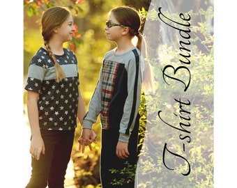 May include: Two children, one wearing a grey and black plaid shirt and the other wearing a blue and white star patterned shirt, are holding hands and looking at each other. The image is cropped and the text "T-shirt Bundle" is visible on the right side of the image.
