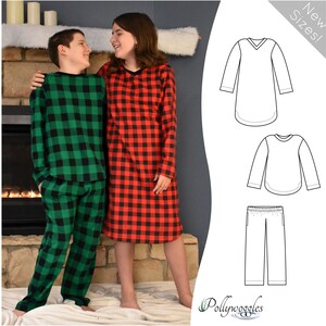 May include: A red and black plaid pajama top and matching pants, and a green and black plaid pajama top and matching pants. The pajamas are shown on two people standing in front of a fireplace. The image also includes a line drawing of the pajamas.