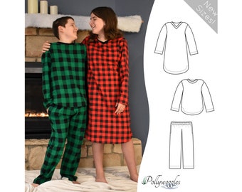May include: A red and black plaid pajama top and matching pants, and a green and black plaid pajama top and matching pants. The pajamas are shown on two people standing in front of a fireplace. The image also includes a line drawing of the pajamas.