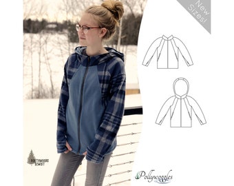 May include: A blue and gray hooded jacket with a zipper closure. The jacket has a plaid pattern on the sleeves and a solid blue color on the front and back. The jacket is shown on a model in a snowy outdoor setting. "New Sizes!" is written in white text on a gray background.