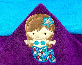 Mermaid Hooded Kid's Towel, Personalized Aqua & Purple