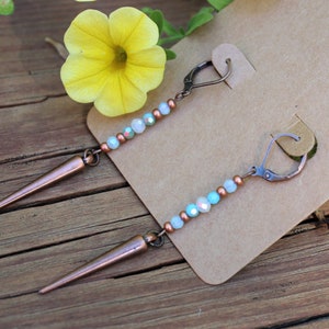 Blue Beaded Copper Spike Earrings | beads jewelry edgy boho gifts for her Whim Goods & Accessories