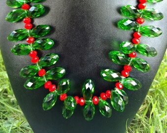 Green and red faceted crystal statement necklace