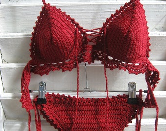 crochet bikini set in Dark Red Lace. Can be made in any color