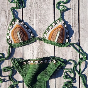 crochet bikini set Green Brown Cream Dust orange with natural seashells image 2