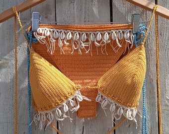 crochet bikini set in Orange Yellow with Cream fringe and natural seashells. Can be made in any colours combo, with or without shells