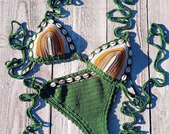 crochet bikini set Green Brown Cream Dust orange with natural seashells