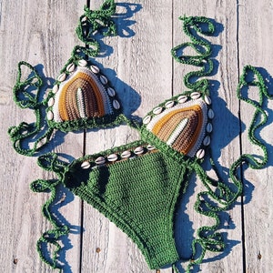 crochet bikini set Green Brown Cream Dust orange with natural seashells image 1