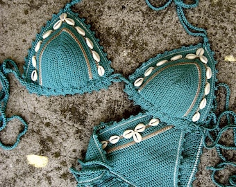 crochet bikini set Deep Turquoise Blue Green with natural SeaShells